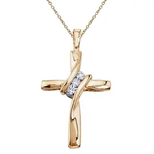 Three Stone Real Diamond Cross Pendant 10K Yellow Gold Necklace 19mm tall