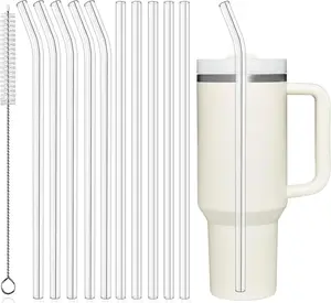 Reusable Straws Stanley Yeti 30oz-40oz Cup Tumbler 10-Pack Long Plastic Straws with Cleaning Brush Clear Bend Replacement Straw Drinking Smoothie