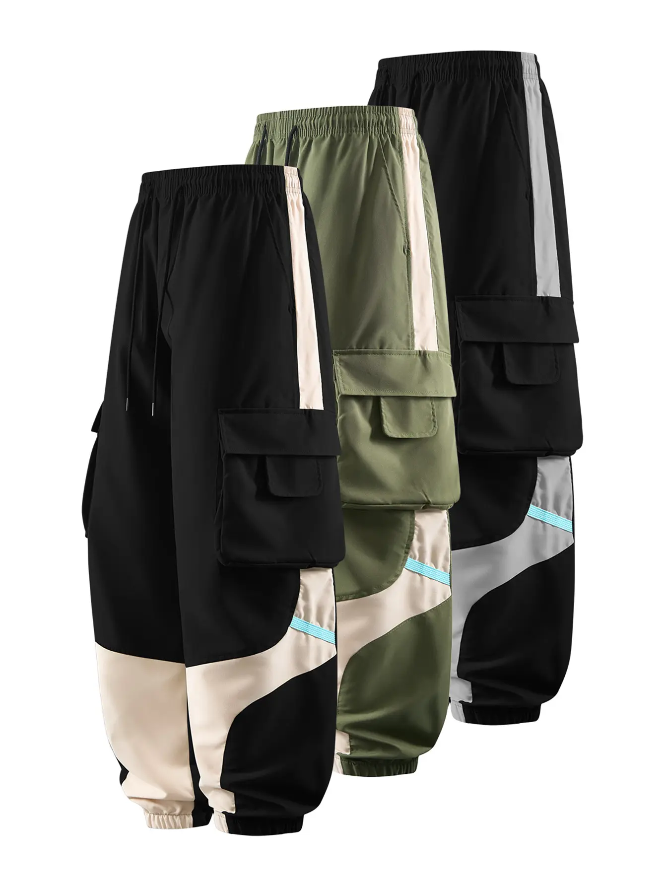 One-piece CCCMAI Men's Cargo Pants with Multiple Pockets - Durable Polyester, Machine Washable, Perfect for Hiking and Outdoor Activities, Breathable Comfortable Loose Fit Long Pants with Color-Blocked Side Panels and Drawstring Waist Design. Menswear
