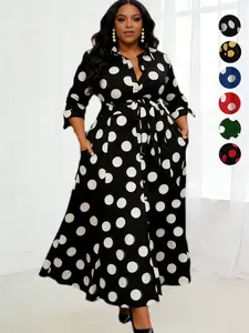 Plus Size Polka Dot Print Belted Button Front Shirt Dress, Elegant 3/4 Sleeve Tie Front High Waist Long Dress for Vacation Holiday Party, Women's Clothes for Summer
