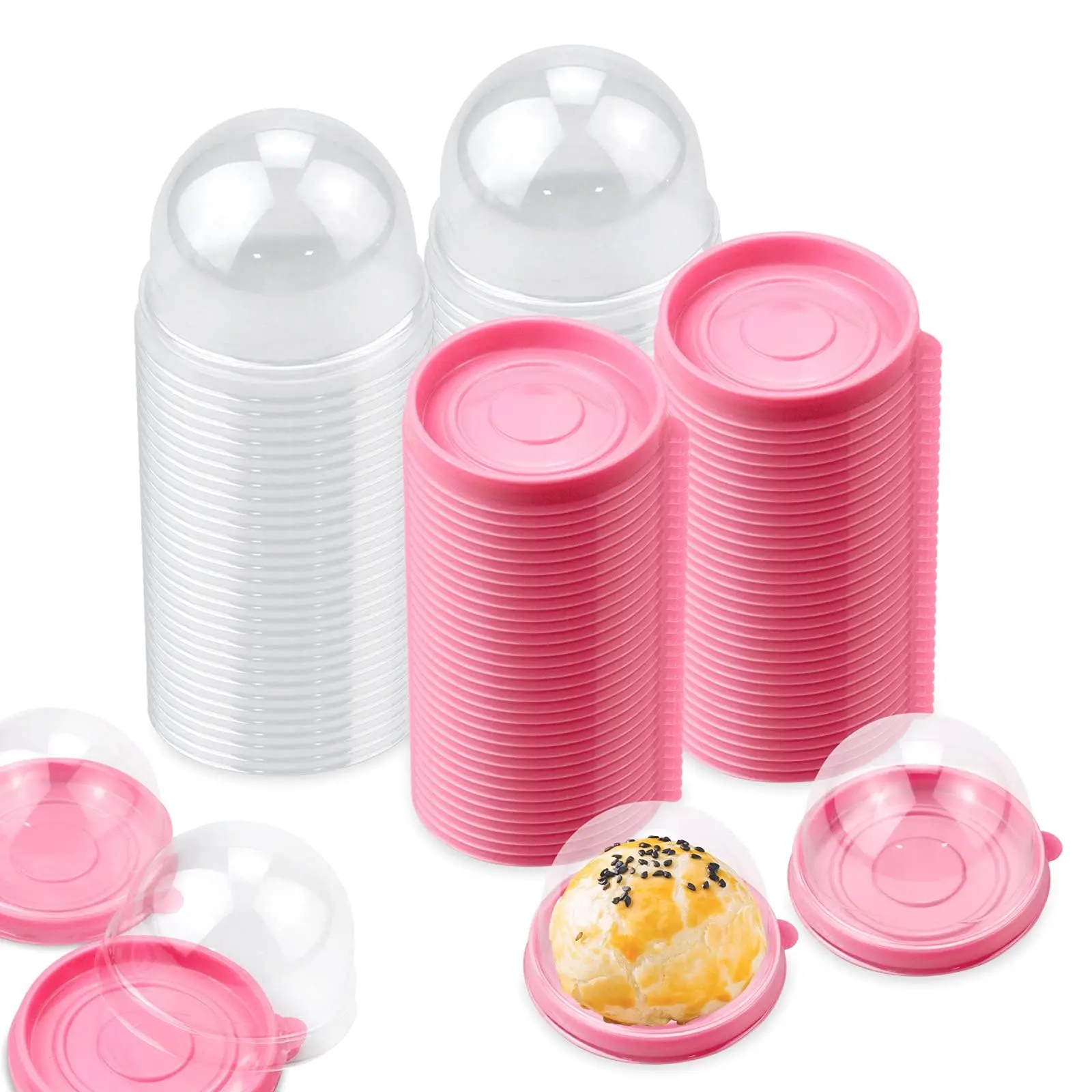 100 Pack Mini Cupcake Holder with Pink Base,2.75" Clear Plastic Mooncake Container,Disposable Single Serving Mochi Muffin Box for Bakery,Halloween Christmas,Fathersdaygift,Hand Tools Kits