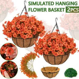 2 artificial plant flower baskets for autumn outdoor decoration, 2 hanging flower pots, 24 flowers, faux silk UV resistant appearance, autumn orange daisy eucalyptus tree, suitable for porch, courtyard, balcony, garden(2, Orange) summerwins