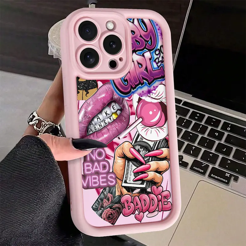 Pink Lips & Dollar Bill Print Soft Silicone TPU Phone Case for iPhone Series, Shockproof, Non-Slip, Waterproof, Rugged Protector with Camera Protection, 2D Print Accessory for iPhone 17 Pro Max 16 16e 15 14 Plus 13 12 Mini 11 Air X XS (Gift Option)