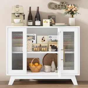36-Inch White Mid-Century Modern Small Buffet Storage Cabinet with Adjustable Shelves and Fluted Glass Door, Modern Credenza Cabinet, Coffee Bar Cabinet
