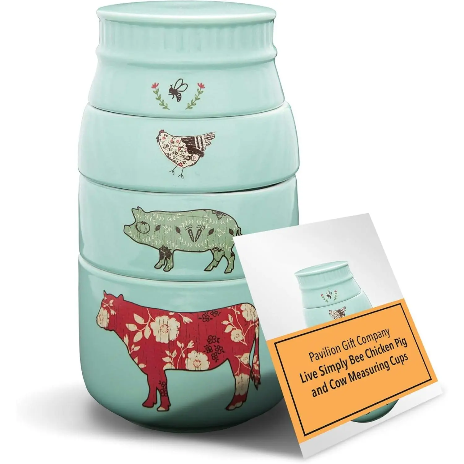 Live Simply 4-Piece Stackable Stoneware Measuring Cups Set - Teal, 8 oz, Animal Icons (Bee, Chicken, Pig, Cow), Sturdy Farmhouse Kitchenware, Dishwasher Safe, Cooking Tools, Holiday Gift for Baking Needs, Holidays