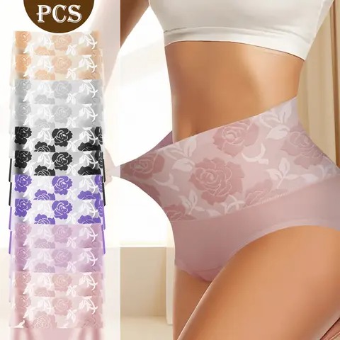 QUASTI Women's High-Waist Colorblock Cotton Fabric Panties - 12pcs, 6 Colors, Seamless Cheeky, High-Elasticity Tummy Control, Hip Lifting, Breathable, Light, Soft Briefs, Elegant Fit, S-XXL