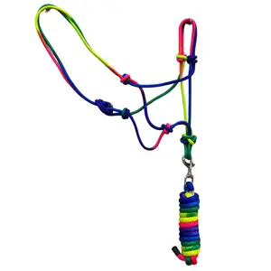 Resistance Multi Color Rope Halter with 9ft Lead Rope Full Size Rainbow Knotted Horse Halter
