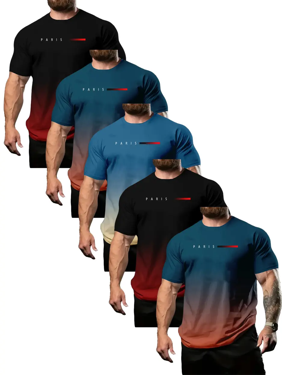MTTYYD Men's 5-Pack Gradient Graphic T Shirts, Breathable Polyester Mesh, Slim Fit Crew Neck for Summer Dating & Daily Wear, Men's T Shirts, Barbecue, Casual Wear, Mesh Fabric, Hanging Out With Friends, Universal Sport