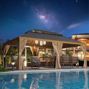 12'x22' Hardtop Gazebo with Wood-Look Aluminum Frame & Double-Layer Galvanized Steel Roof, Weather-Resistant Design for Patio, Garden, Lawn