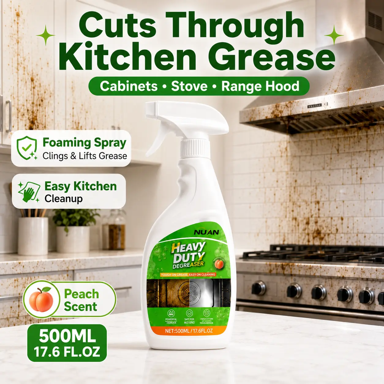 NUAN Heavy-Duty Degreaser Spray, Range Hood Cleaner with Grease Removal for Hood Filters, Stovetops & Stainless Steel Surfaces, Household Cleaners