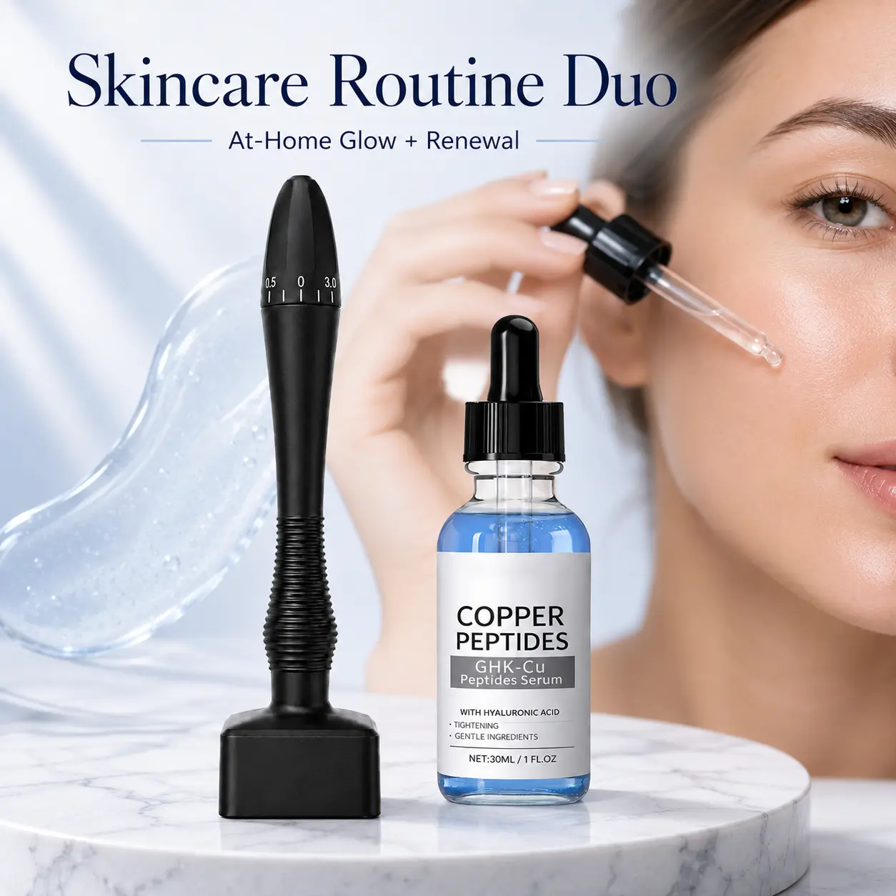 Cosmetic Microneedle Stamp Kit with Lightweight Copper Peptide & Hyaluronic Acid Serum (30ml) - Adjustable Tool to Moisturize & Hydrate for Daily Skincare, Nourishing