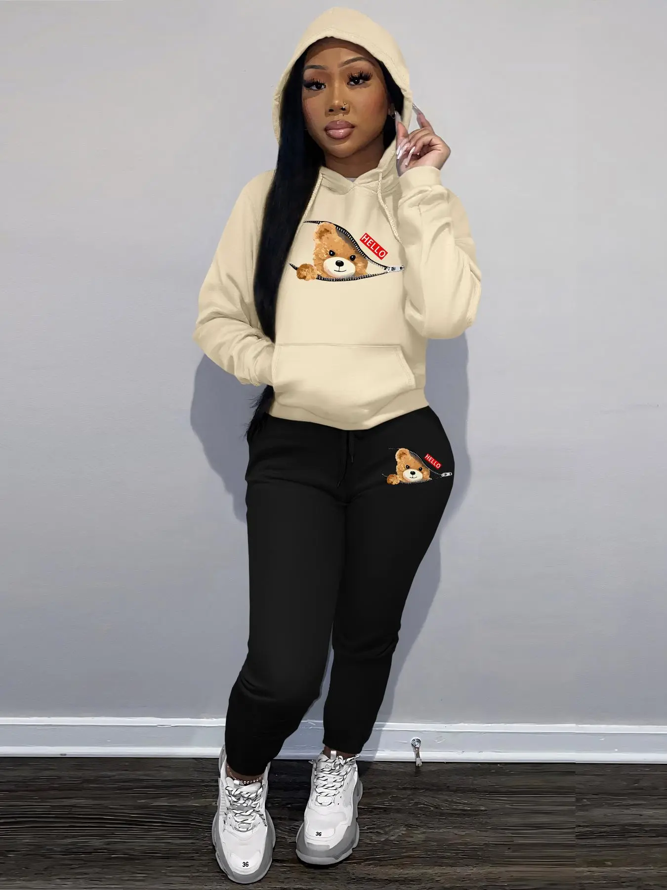 Women's Cartoon Bear Print Sweatshirt & Drawstring Waist Sweatpants Set, Casual Long Sleeve Hooded Pullover & Pocket Jogger Pants, Women's Fall & Winter Clothes