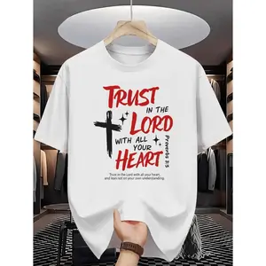 Christian Faith Men'S T-Shirt | Trust in the Lord with All Your Heart Cross Print Pattern | Pure Premium Print | Durable Casual Fashion | Crew Neck | Regular Fit | Short Sleeve