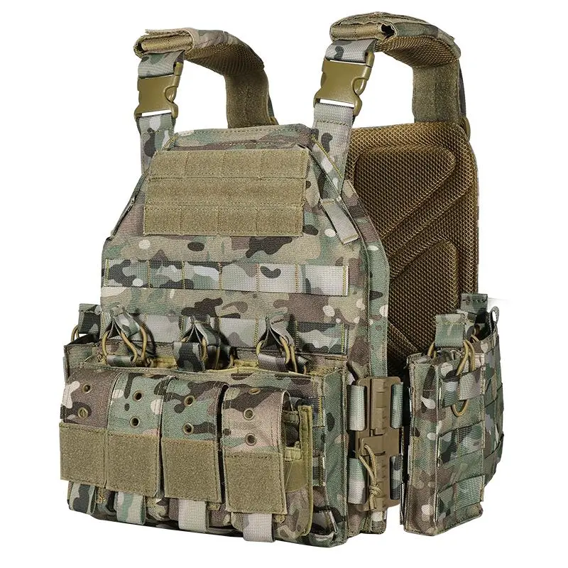 VT-6026-3 Camo Men's Tactical Chest Vest, QR Quick Release Square Neck Multifunctional Vest with Multiple Pockets for Hiking/Light Outdoor Use, All Seasons Sports Gear