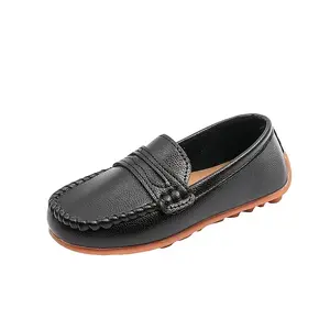 Children's Slip-On Loafers! Unisex Fashionable Casual Style, Black with Brown Accents, Super Stylish, Durable Non-Slip Rubber Sole, Suitable Spring, Summer, and Autumn, Leather Shoes Loved by Teenagers and Children