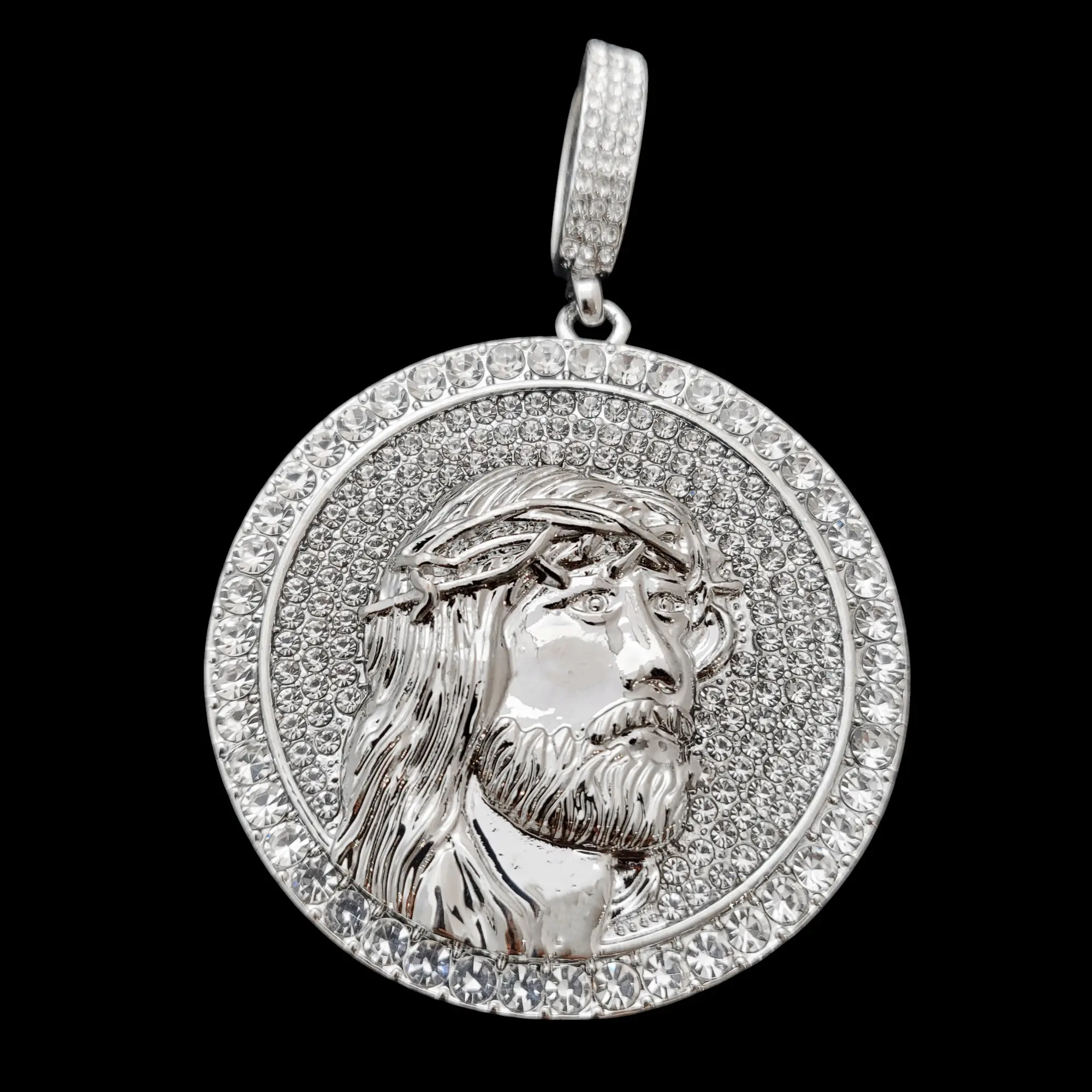 MaxBling81 50mm Silver-Plated Round Jesus Cross Medallion Pendant - Iced Cubic Zirconia Charm, Cubic Zirconia Designs, Unisex Religious Streetwear Costume Jewelry Accessory, Pendant With Zirconia