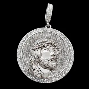 LARGE JESUS PORTRAIT HIP HOP ICED SILVER PLATED MEDAL CZ CHARM PENDANT JEWELRY