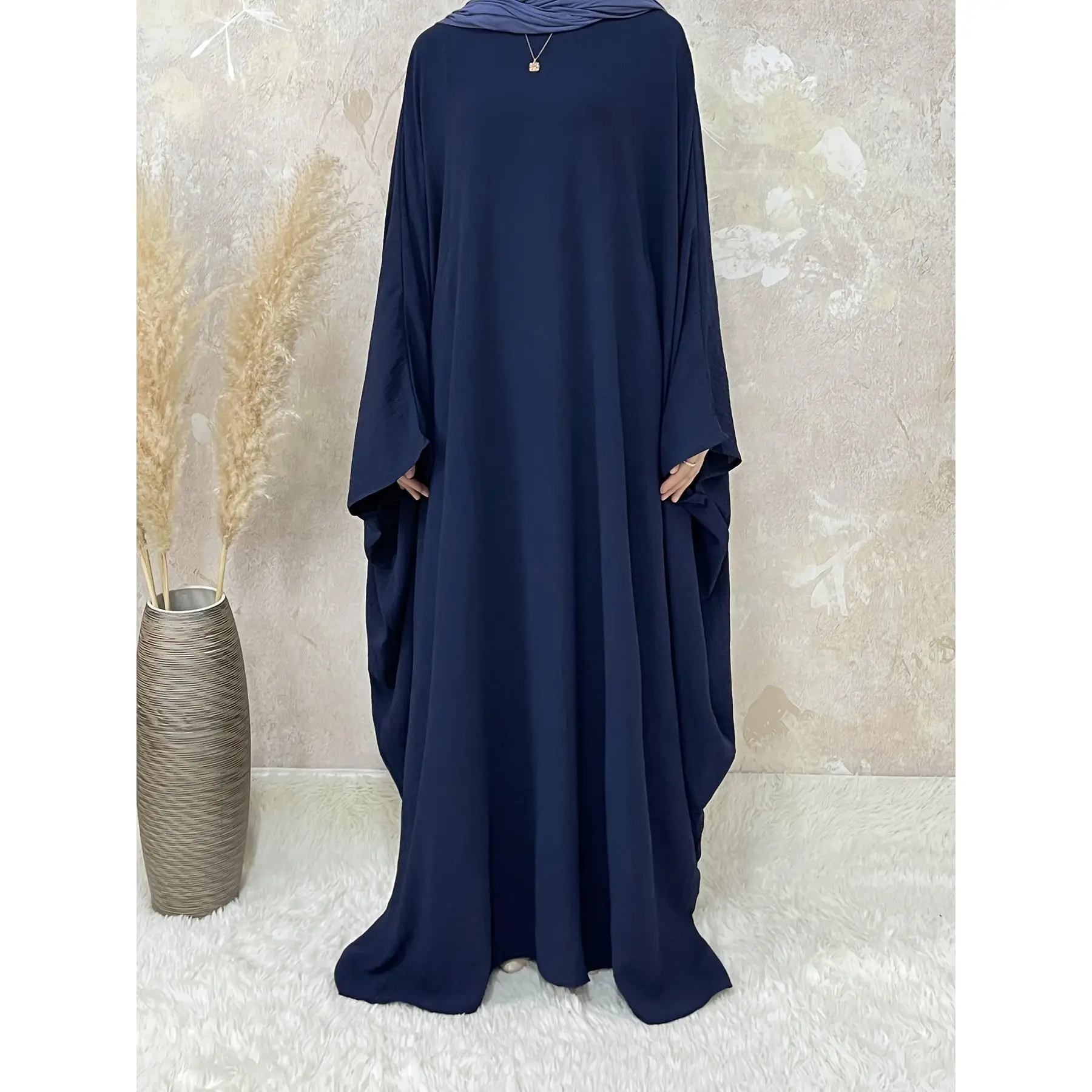 2024Ramadan Solid Simple Loose Modest Dress, Elegant Batwing Sleeve Maxi Length Dress, Women's Clothingdandy Blue Gold Abaya Modesty