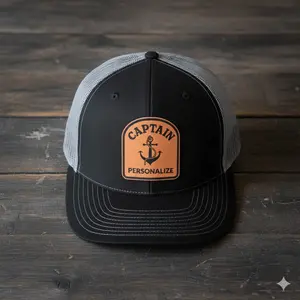 Personalized Captain Leather Patch Hat | Custom Anchor Trucker Cap | Custom Name Nautical Snapback