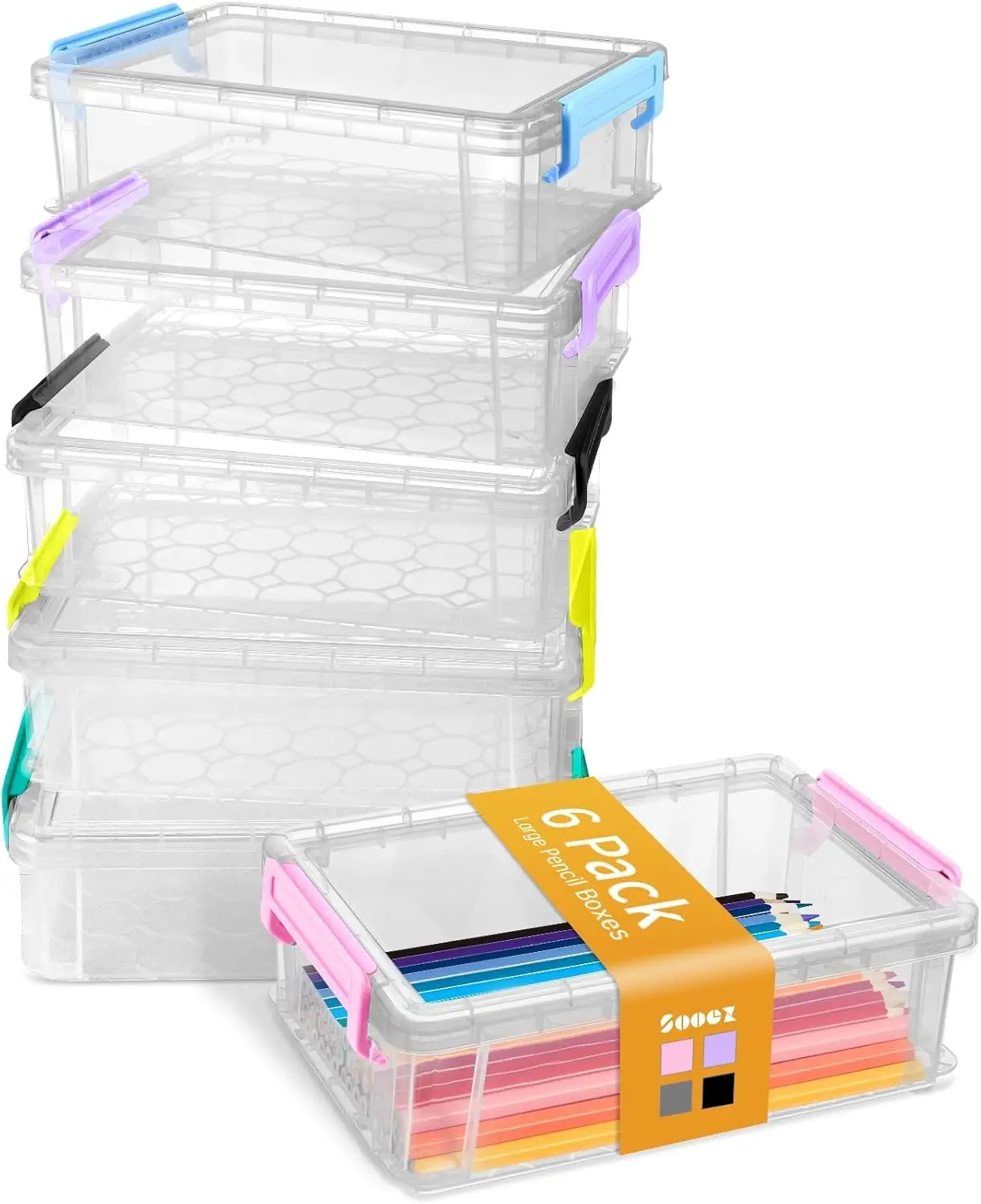 Sooez 6 Pack Extra Large Pencil Box, Plastic Hard Pencil Case Crayon Box Bulk, Clear Marker Organizer Plastic Containers with Lid, Stackable Storage Boxes for Art Craft, Back to School Supplies, Multi Gift