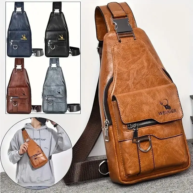 New high-end waterproof PU leather messenger bag for men and women, retro and fashionable chest bag, adjustable shoulder strap, multiple compartments, durable, multi-functional design, suitable for outdoor hiking, travel, daily carry, Christmas gift