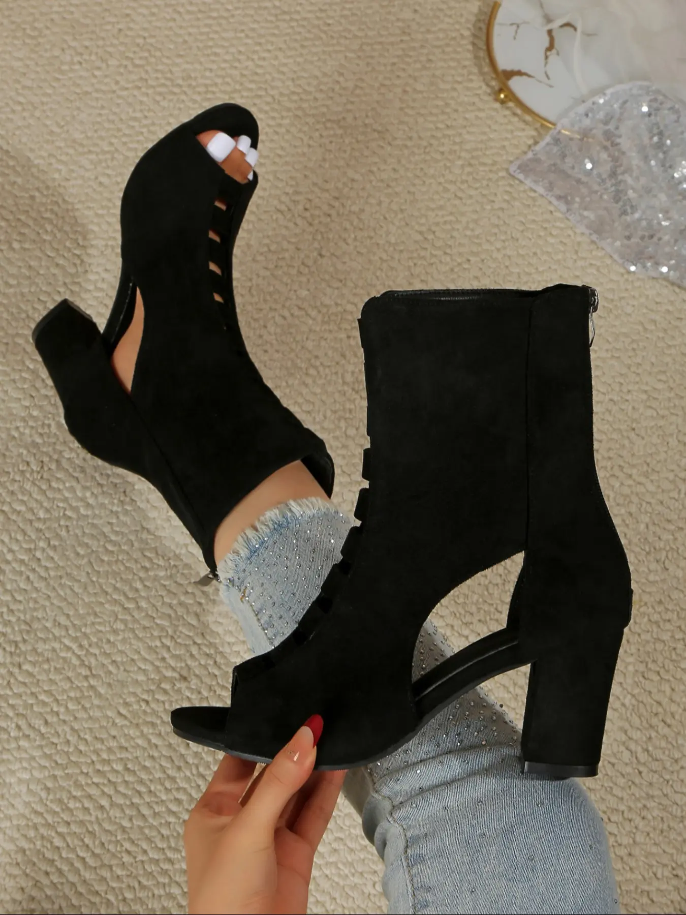 Women's Suede Fish Mouth Boots, Trendy Boots, Fashion Hollow Out Chunky Heel High Heels, Elastic Sock Style with Side Cutout Zipper Design, Thick Heeled Boots