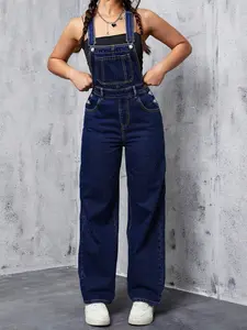 Women's Adjustable Strap Denim Workwear Jumpsuit, Loose Fit Fashion Casual Overall, Spring & Fall Style, Comfortable and Stylish