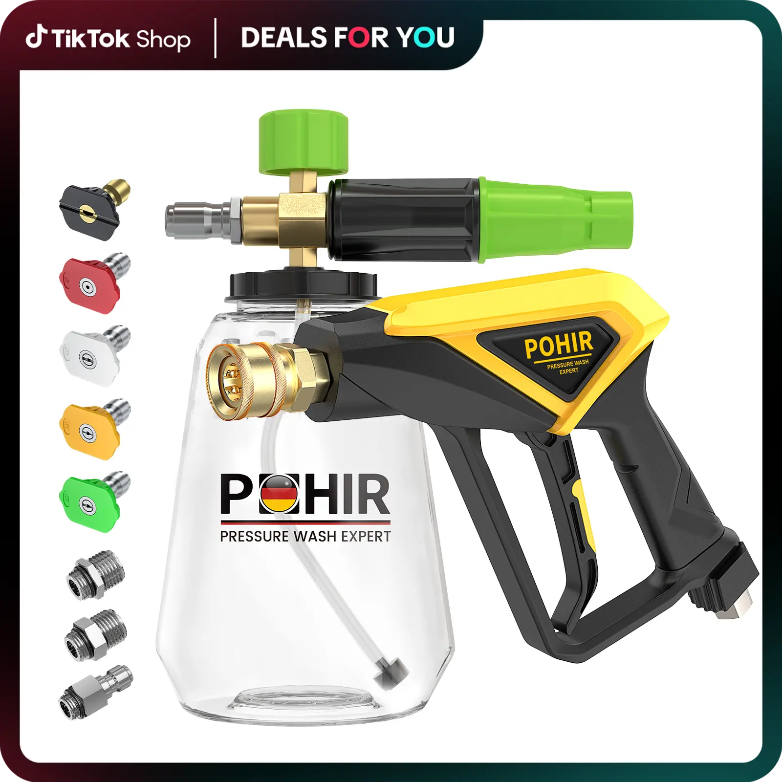 POHIR High Pressure Car Wash Sprayer Kit, 4500 PSI Short-Handle Handheld Lance, 5 Nozzle Tips, 1L Capacity Thick Foam Dirt Removal Car Detailing Accessory for Bikes, Vehicle Washing, Car Detailing Accessories Car Wash Accessories