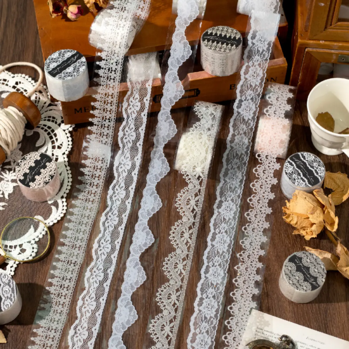 Office Stationery 6 Pcs Self-Adhesive Lace Pattern Sticky Tape - European Minimalist Style PET Waterproof Arts & Crafts Tape, 12m Total Length for DIY Journal Decoration, Scrapbooking,back to school,back to school haul