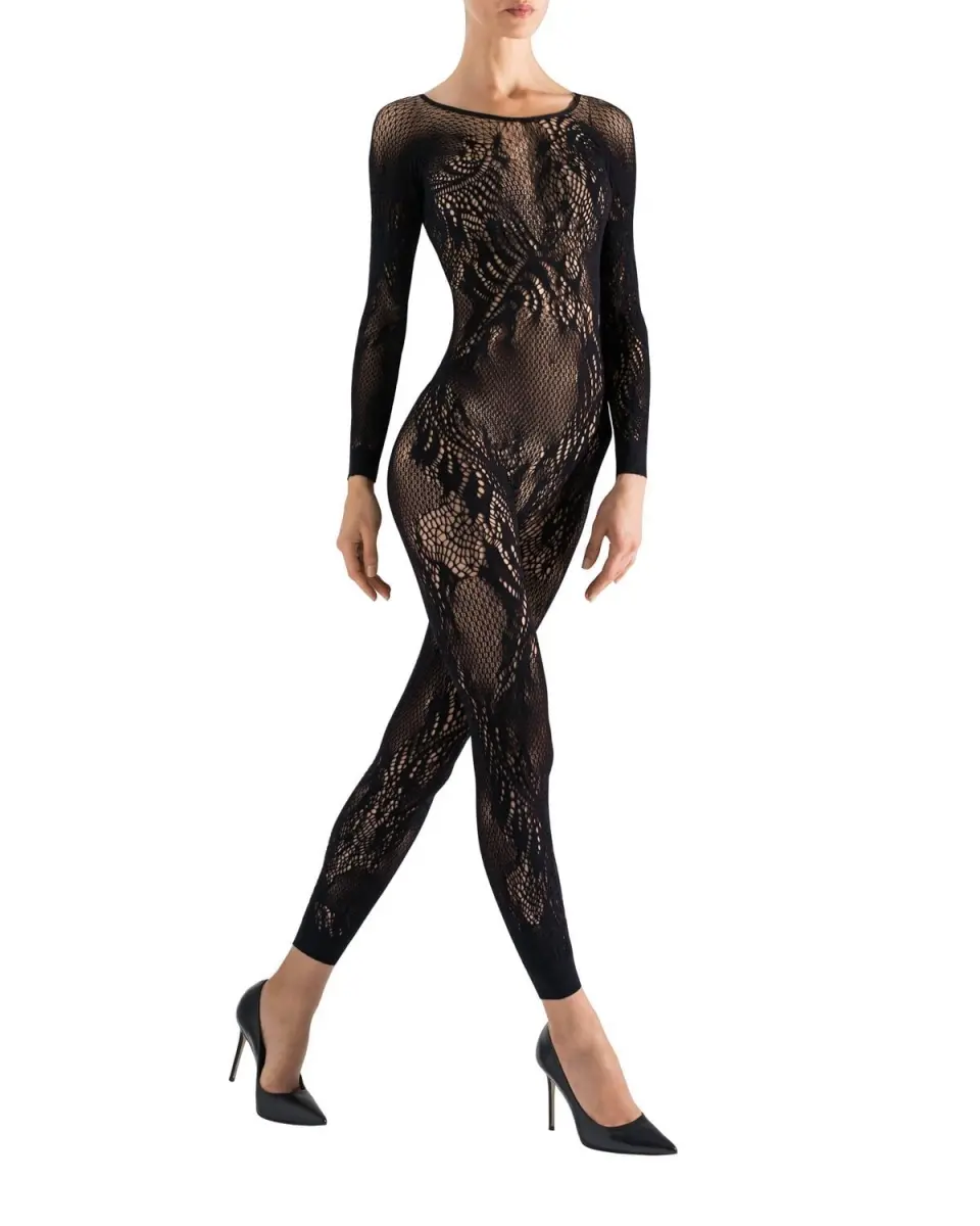Natori NTF7-8284-00001-XL Natori Feathers Long Sleeve Lace Bodysuit for Womens, Black - Extra Large