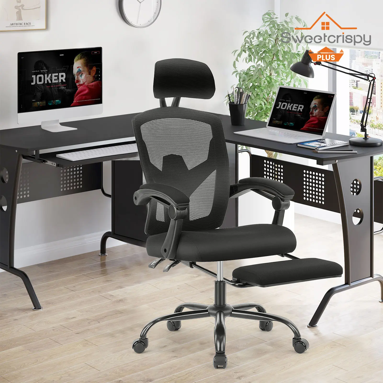 Sweetcrispy Plus Mesh Office Desk Chair - Furniture with Lumbar Pillow, Retractable Footrest, Padded Armrests, Adjustable Headrest and Height Adjustability, Sturdy Base Stays Steady