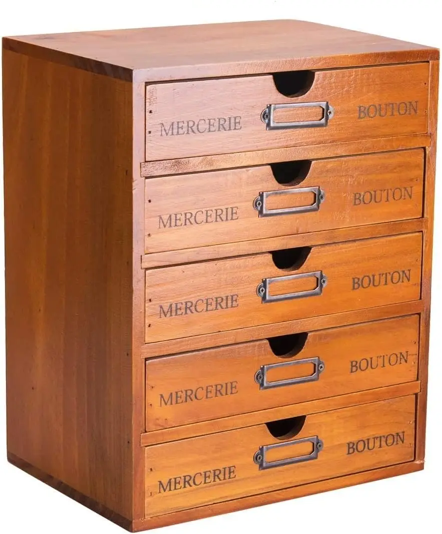 Vintage 5-Drawer Wooden Desk Organizer: Rustic Apothecary Style for Home Office Organization & Art Storage - Stackable