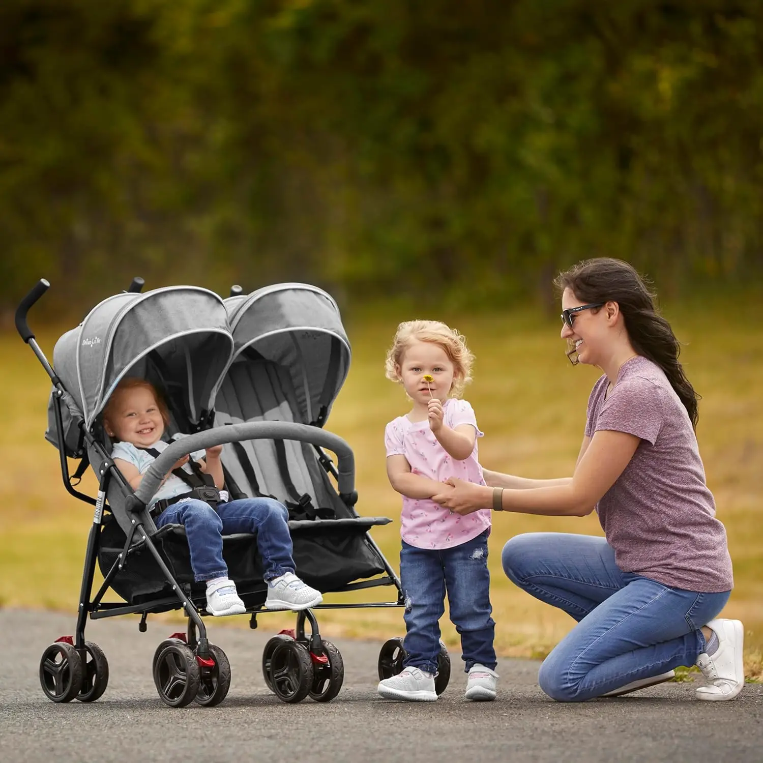 Unisex Travel-Size Plain Side by Side Double Stroller - Lightweight Twin Umbrella Stroller with Adjustable Canopy, 5-Point Adjustable-Harness, Storage Basket, Wheels (Dark & Light Grey)