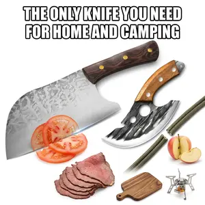 2PCS Butcher Knife Meat Cleaver Set, 11.81" Serbian Cleaver & 7.32" Viking Knife with Leather Sheath, Ultra Sharp High Carbon Steel Blade, for Home Kitchen, Outdoor Camping BBQ, Ideal Gift for Men & Women box electric sharpener