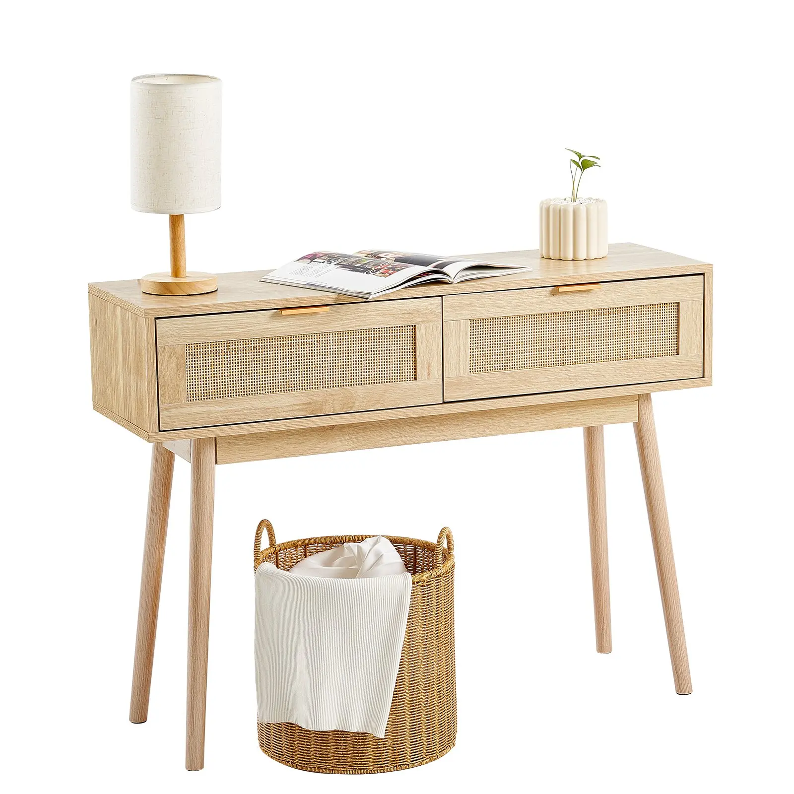 【summerfinds】VEVOR Rattan Console Table with 2 Storage Drawers Rattan 39.37x11.81x29.33inch Sliding Door Natural, Rattan Entryway Table with Storage, Small Console Tables for Entryway, Entry Table for Hallway, Living Room Table