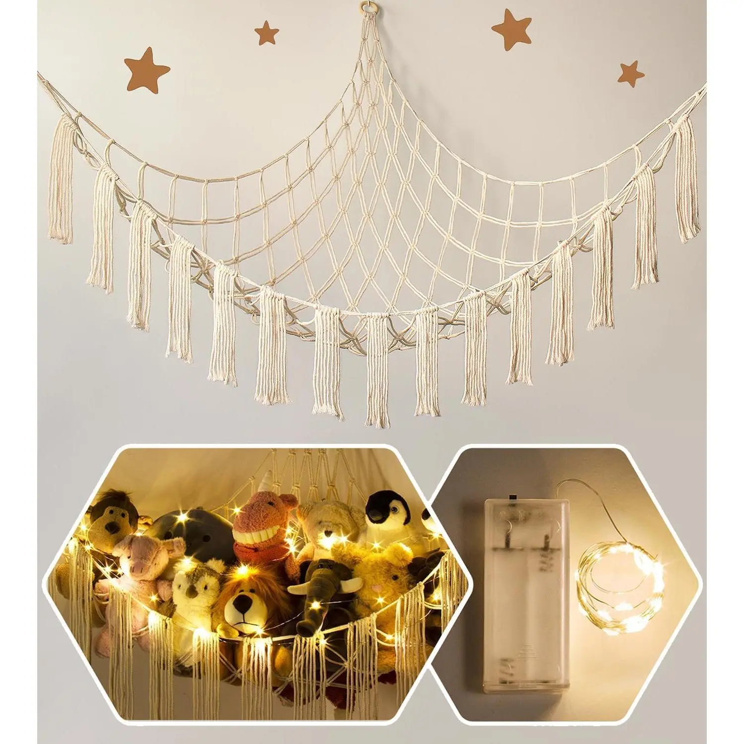 X-Large Synthetic Hangable Stuffed Toy Storage Hammock with LED Light - Corner Wall Organizer, Cute Boho Children's Bedroom Decor, Creative Room Decoration, Plushies Holder