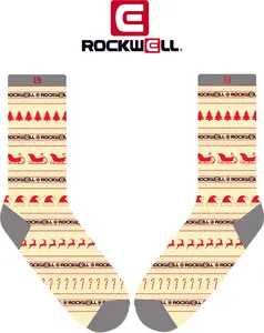 Rockwell Crew Socks - Ugly Sweater Christmas Cream Socks with Festive Print featuring Santa Hats Reindeer & Sleighs for Holiday Wear