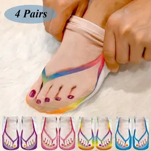 Women's 4-Pair Elastic Stretch Sock Set - Soft Colorblock Short Slouch Socks with 3D Nail Polish, Flip Flop Prints - Sports & Outdoor Protective Gear Accessory for Daily Wear, Beach Leisure, 4 Pairs