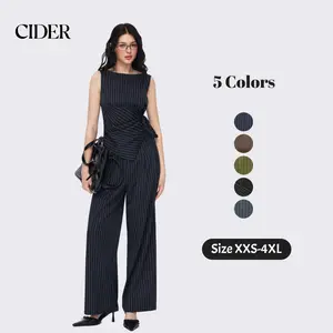 Cider Boat Neck Striped Wrap Knotted Top & Mid Rise Straight Leg Trousers Set– Office & Weekend Casual