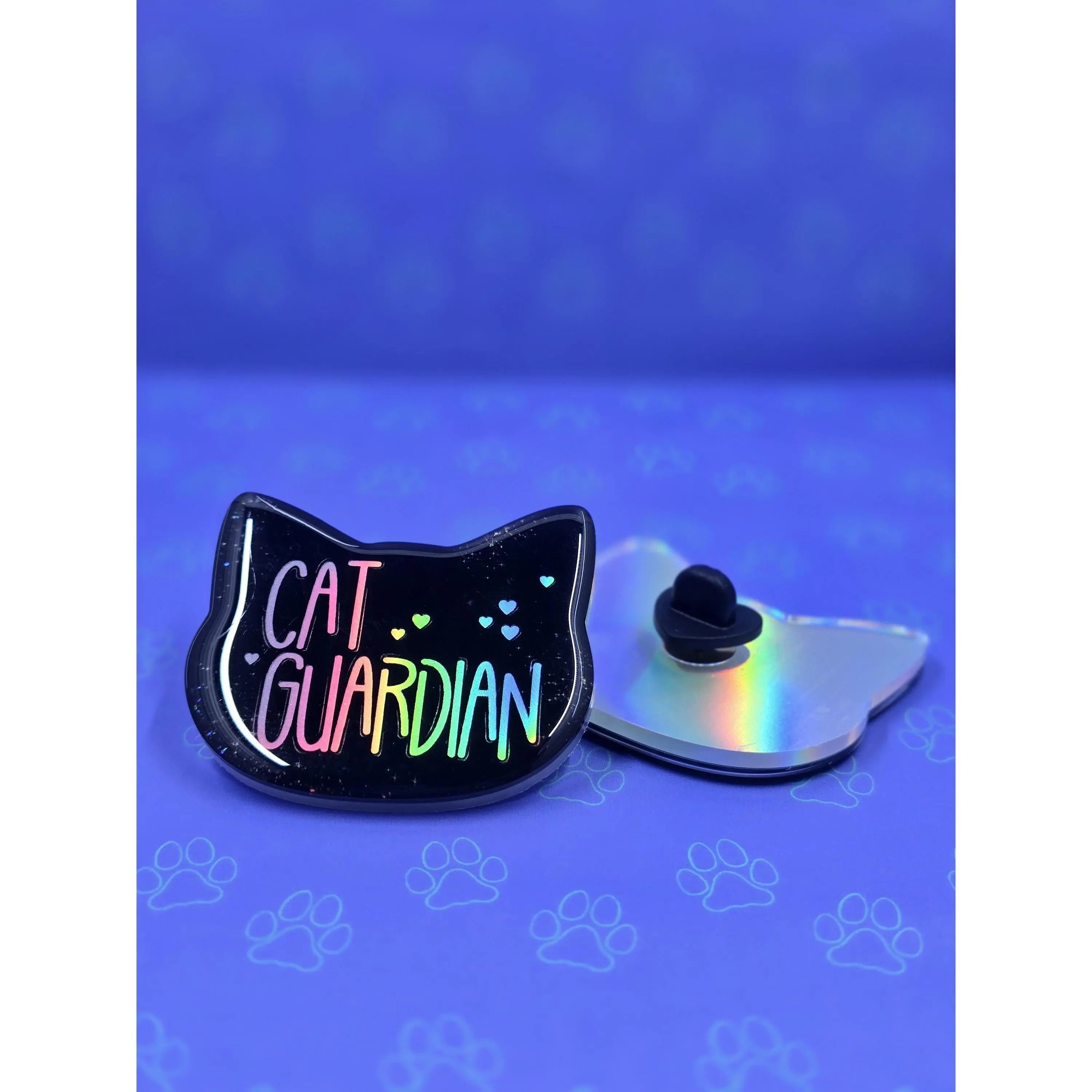 Cat Guardian Holographic Pin 2"x1.75" |Cat Shaped Epoxy Acrylic Pin|