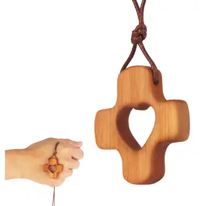 Handcrafted Olive Wood Cross Pendant Necklace | Hollow Heart Design Spiritual Gift for Baptism & Easter cross necklace