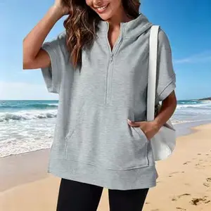 Trendy Women Oversized Half Zip Hoodie, ShortSleeve Mock Neck Pullover With Pockets CasualDaily Top