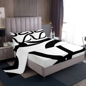 Feelyou White and Black Geometric Modern Bedding Set - Breathable Durable Microfiber Sheets, Soft Breathable Deep Pocket Fitted Sheet, Neutral Abstract Art Linens, Breathable Durable Sheets, Microfiber Bed Sheets
