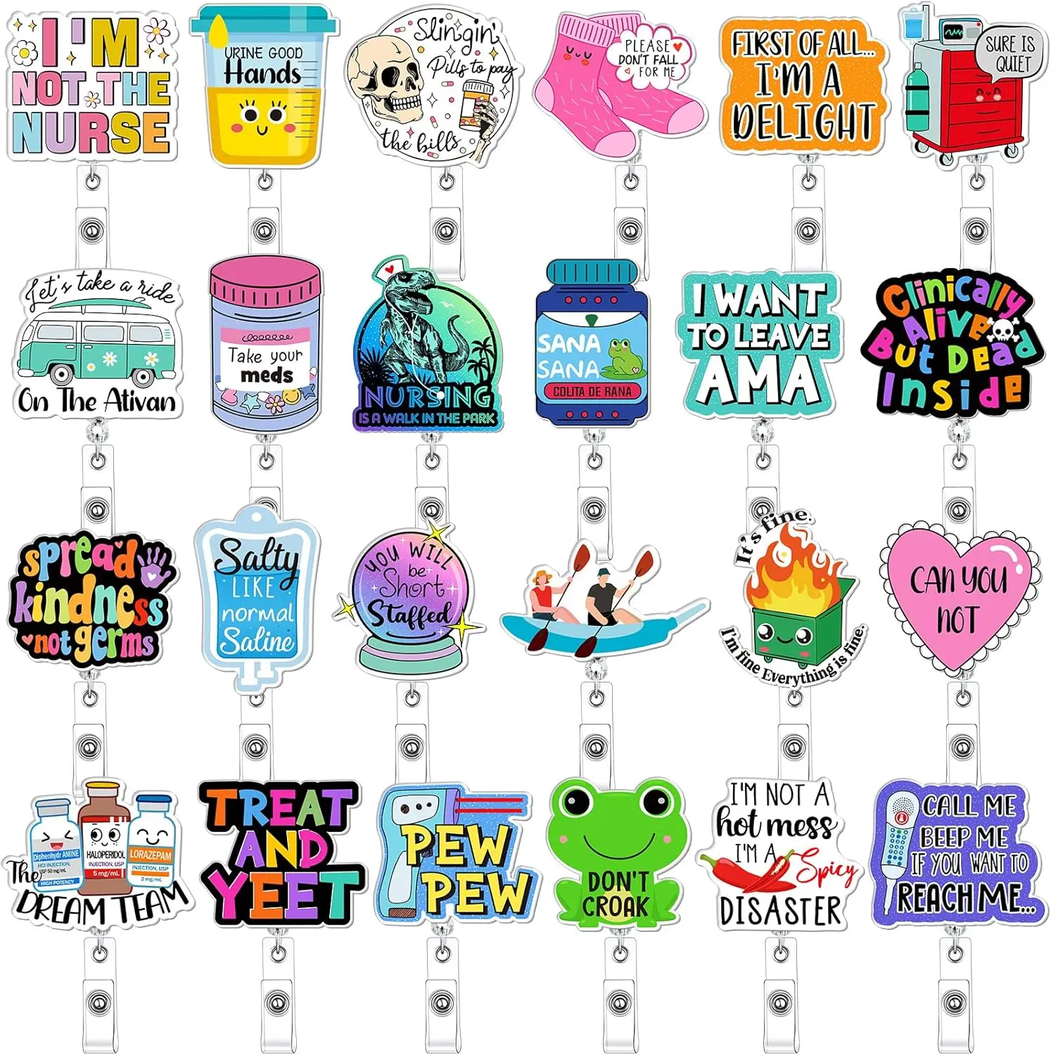 Cute Funny Retractable Badge Reels Set - 10/12/24/36 PCS No-Repeat Aesthetic Acrylic ID Holder Badge Buddy, Office Identification Supplies for Nurses, Coworker Gift, Cute Badge Reels