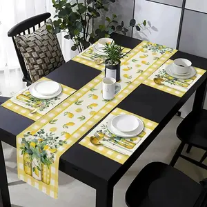 1 piece/5 piece set/7 piece table flag+ set, featuring yellow and white water buffalo grid lemon eucalyptus leaf pattern design, suitable for daily indoor and outdoor use in kitchens, dining tables, living rooms, and homes, Coffee Table Mat