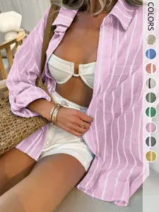 1 piece women's summer striped loose casual fit cardigan long sleeve button up shirt blouse top, suitable for office, vacation, home, daily wear, festivals, four seasons
