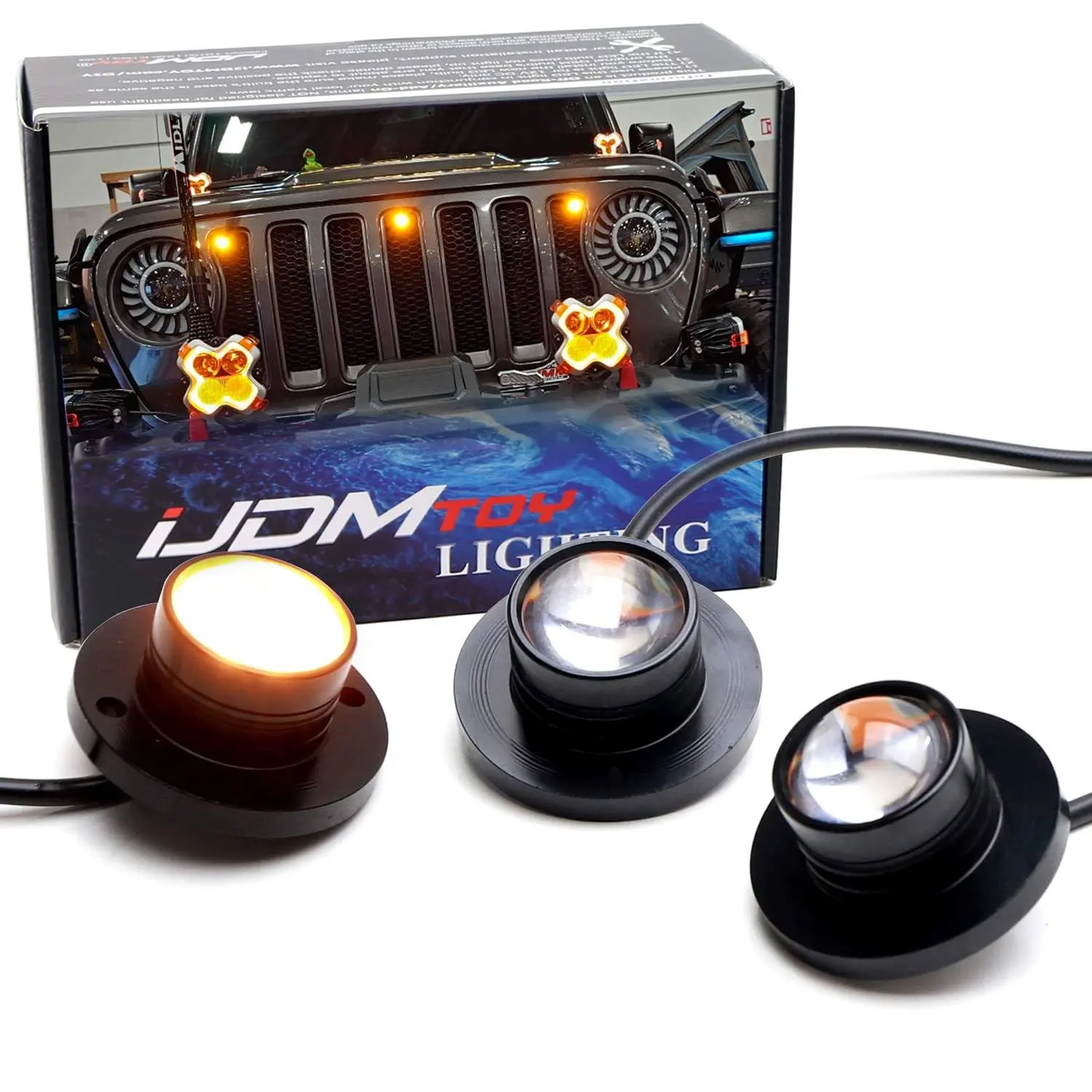 iJDMTOY 3pc Set Pre-Runner Style 12-SMD Amber Yellow LED Grille Clearance Light Kit For Jeep Wrangler JL or Gladiator JT