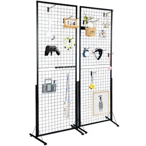 2' x 5.6' Grid Wall Panels Tower, 2 Packs Wire Gridwall Display Racks with T-Base Floorstanding, Double Side Gridwall Panels for Art Craft Shows, Retail Display with Extra Clips and Hooks