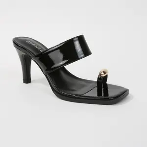BERNESS Women's Elegant Patent Wide-Strap Slide Sandal - Catha Footwear with Metallic Toe Ring, Stylish Women's Shoe