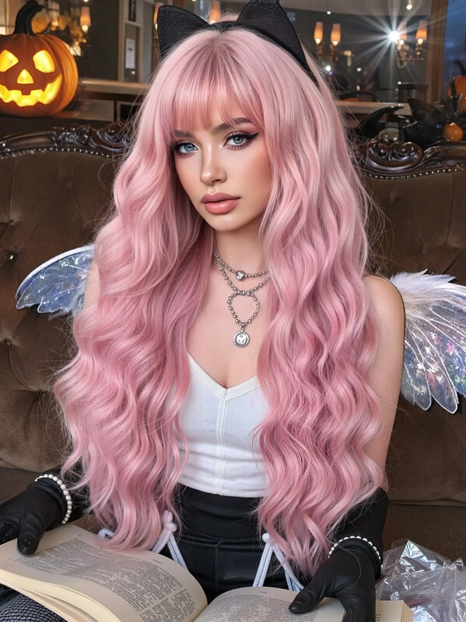 Wig with Bangs, Curly Long Hair, Synthetic Curly Wigs, Christmas Holiday Costume Wig, All Seasons Wear, Women's Fashion Accessory, Synthetic Material Wigs
